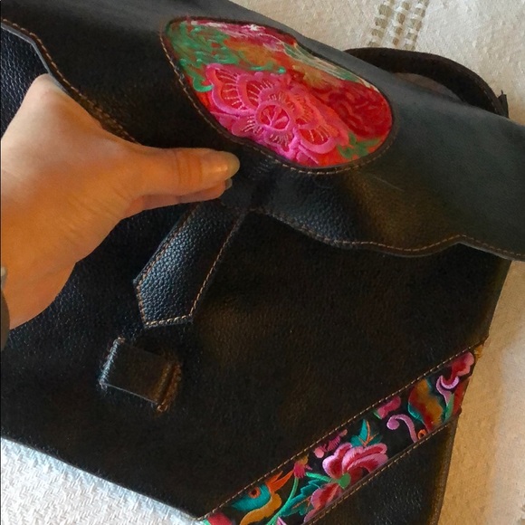 Black Leather and Embroidered Crossbody Bag - Picture 6 of 8